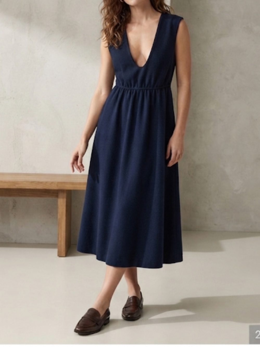 TWEEDS Vintage Wool Midi Dress Navy Blue V-Neck Small